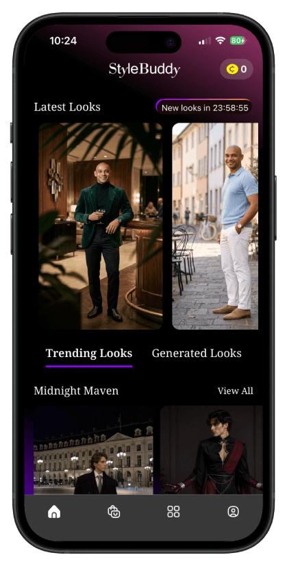StyleBuddy App home screen showing the latest looks picked for the user, with trending and generated looks tabs