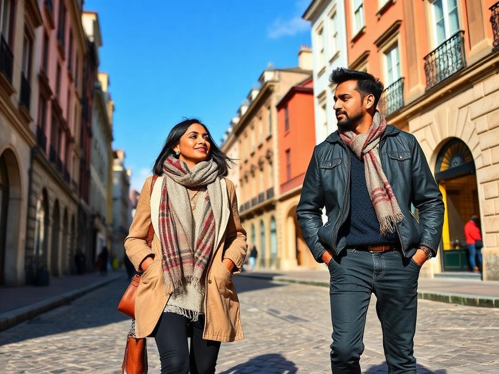 Couple in European sightseeing outfits styled by vacation styling service